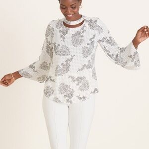 Chico's White Long-Flare Sleeve Paisley Dot Blouse
